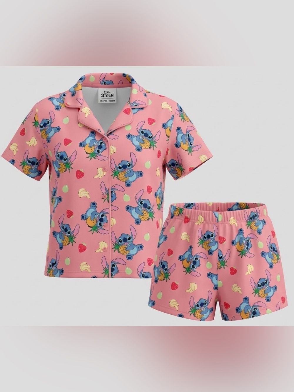 Disney Stitch Primark Girls Pink Tropical Fruit Pajama Set Sz 5-6Y 116cm Shorts